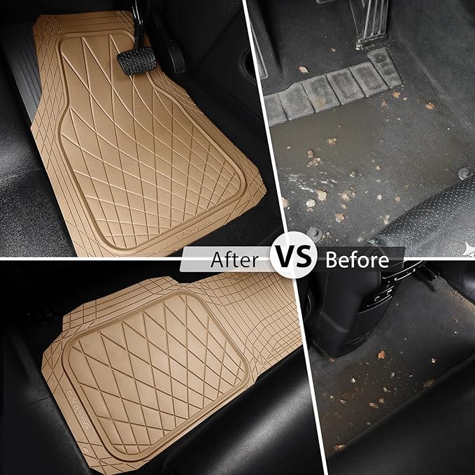 CAR PASS Heavy Duty Rubber Car Floor Mats, Deep Dish All Weather Car Mats Full Set, 3 Piece Waterproof Premium Anti-Slip Floor Mats Rugs Universal Trim to Fit for 95% Sedan SUV Van Truck, All Beige
