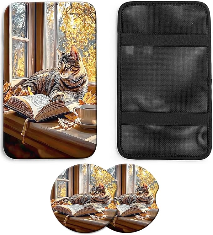 JANENFNA Car Armrest Cover Pads Universal Fashion Cute Auto Center Console Armrest Cover Pad with 2PCS Car Coasters Soft Waterproof Car Armrest Seat Protector for Women,Cat Reading by Window