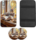 JANENFNA Car Armrest Cover Pads Universal Fashion Cute Auto Center Console Armrest Cover Pad with 2PCS Car Coasters Soft Waterproof Car Armrest Seat Protector for Women,Cat Reading by Window