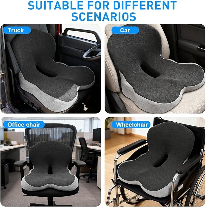 Car Seat Cushion with Lumbar Support for Long Sitting, Ergonomic Memory Foam Driving Seat Cushions for Semi Truck Bus Driver Trucker, Non Slip Office Chair Cushion (Dark Light Gray)