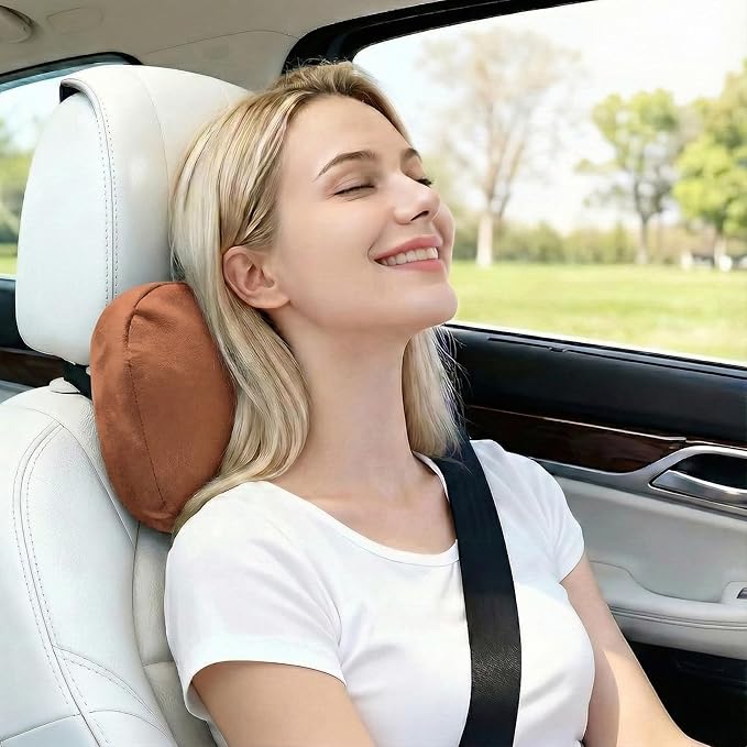 2PCS Car Pillow for Car Neck Pillow for Driving Seat Leather Neck Support Soft Cushion Back Support Head-Rests for Vehicle Sleeping with Elastic Adjustment Strap (Brown, Head)