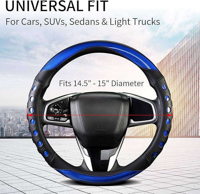 QCYP PU Leather Car Steering Wheel Cover with Anti-Slip Grip, for Women and Men, Universal Fit for 14.5-15 Inch Cars, Trucks, SUVs (Blue (Round), Medium(Standard) Size[14 1/2''-15''])