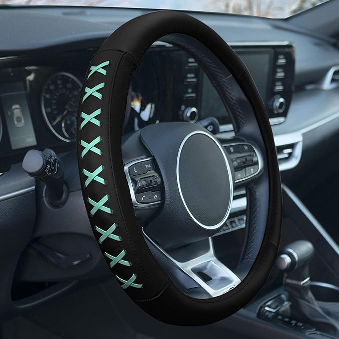 FH Group Universal Fit 15 Inch Genuine Leather with Lace-Up Detailing Steering Wheel Cover fits Most Cars, SUVs Mint