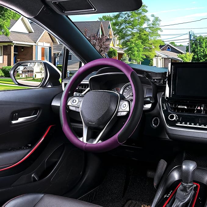 SEG Direct Steering Wheel Cover for 14.5-15 inch Wheels, Breathable PU Leather with Perforated Sides, Anti-Slip Grip, Universal Fit for Cars & SUVs, Black and Dawn Purple