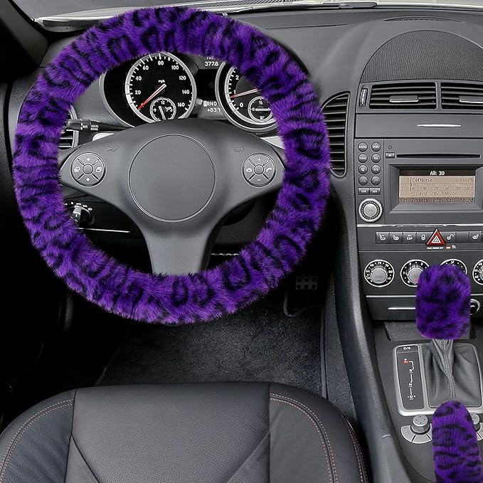 Accmor Fuzzy Car Steering Wheel Cover, Universal Fit Fur Car Wheel Cover & Handbrake Cover & Gear Shift Cover Set, Fluffy Fashion Leopard Print Auto Steering Wheel Protector for Women Girls(Purple)
