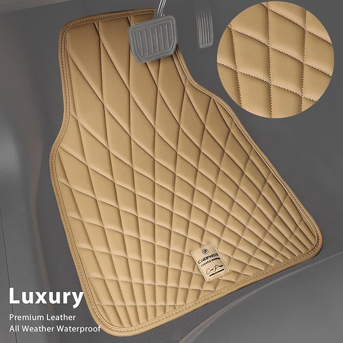 CAR PASS Luxury Faux Leather Floor Mats for Cars, Waterproof All Weather Car Mats Full Set, Anti-Slip Deluxe Automotive Floor Mats Universal Fit for Most SUV,Vans,Sedans,Trucks, 4 Piece Beige