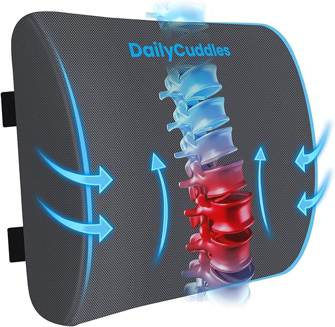 DailyCuddles Lumbar Support Pillow for Office Chair Back Support - Memory Foam Lumbar Pillow for Car or Gaming Chair, Ergonomic Back Cushion with Adjustable Strap for Long-Hour Sitting (Grey)