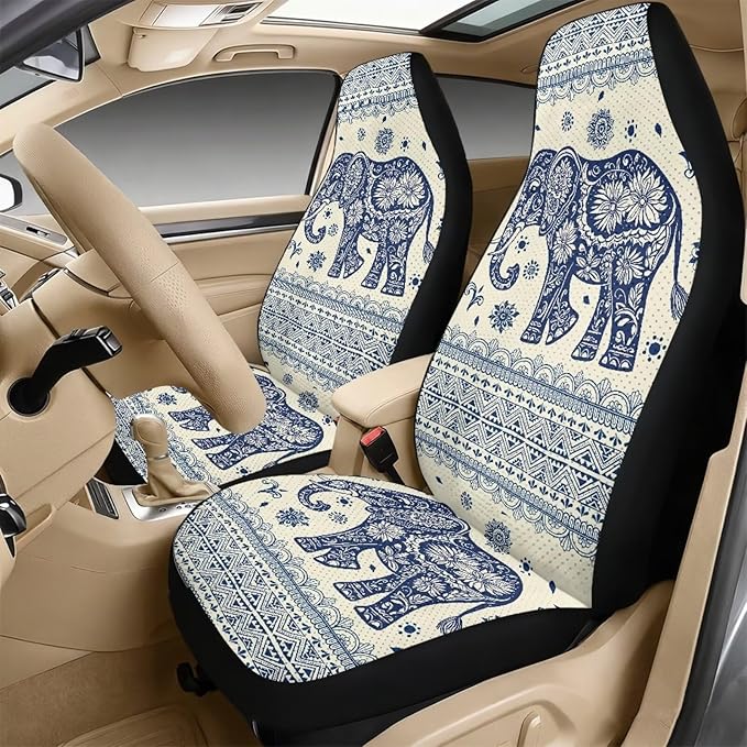 FUSURIRE Car Accessories Set, 5PCS Ethnic Elephant Pattern Vehicle Kit with PU Front Seat Covers, Seat Belt Covers & Center Armrest Pad, Universal Automotive Interior Ornament