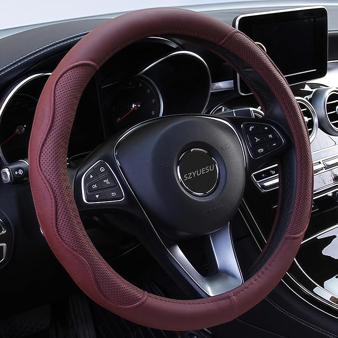Leather Car Steering Wheel Cover with Anti-Slip Lining Universal 14.5-15 Inch (37-38 cm) Auto Microfiber Protector, Car Accessories for Most Cars, SUVs | Wine Red