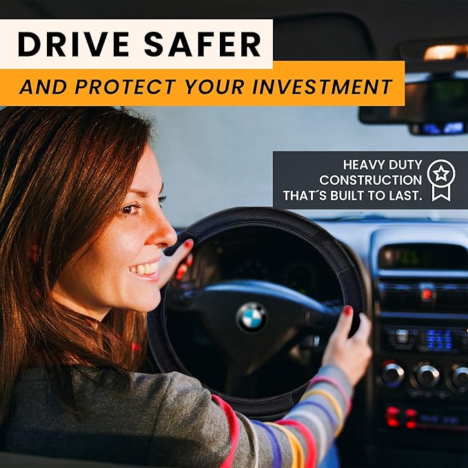 Gorla Gear Black Leather Neoprene Steering Wheel Cover Women Men, Easy Fast Installation, Universal Fit 14.5 15 15.5 Inch, Anti-Slip Safer Grip Car Accessories for Automobile Truck SUV Van