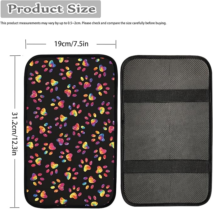 Tie Dye Dog Paws Print Car Console Covers,Non-Slip and Comfortable Armrest Cover for Cars,Paw Print Car Accessories