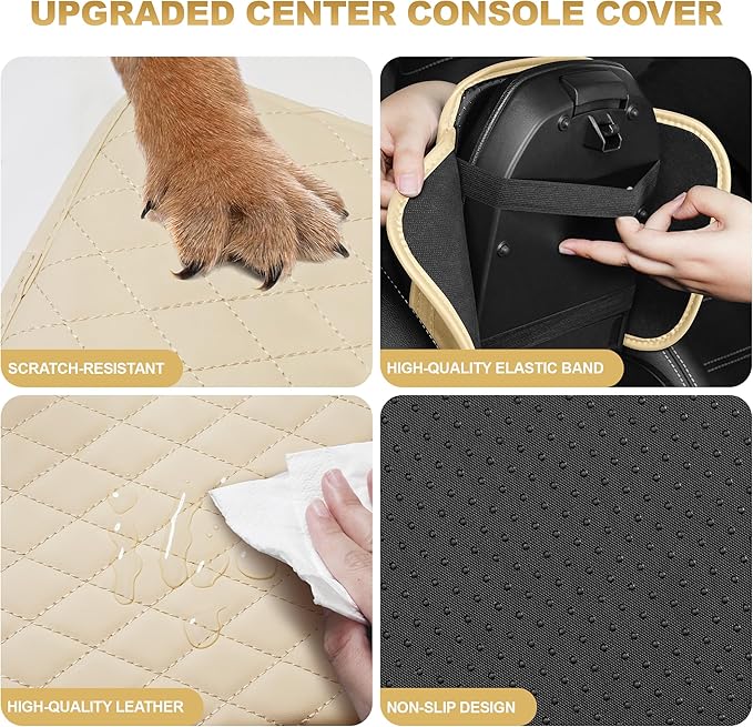 Center Console Cover for MDX: Armrest Cover for Car with 2 Storage Bags - Scratch & Wear Resistant & Waterproof Leather Console Cover,Anti-Scratch Auto Armrest Pad Accessory （Beige