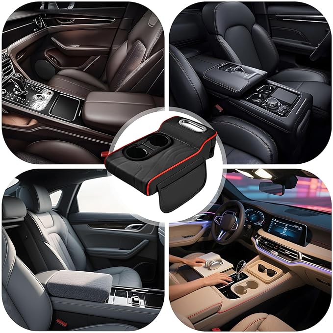 LAFANDE Car Armrest Cushion | Heightening Pad Arm Rest for Car, Center Console Cover with Storage Bags Cup Holder, Tissue Box Slot, Easy to Install and Clean