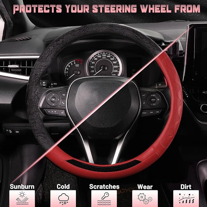 SEG Direct Car Steering Wheel Cover Medium Size 14 1/2"-15" Embossed Microfiber Leather with Carbon Fiber Pattern Red