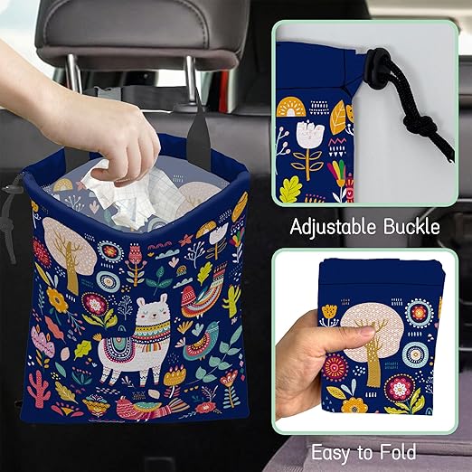 Boho Llama Car Garbage Bag,Colorful Flowers Waterproof Small Car Trash Bag Hanging Back of Seat,Drawstring Hanging Car Trash Bag with Adjustable Buckle for Car Accessories