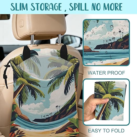 KXWQTRDD Car Garbage Bag Tropical Beach Palm Trees Drawstring Car Trash Bag Hanging for Back Seat with Adjustable Buckle Canvas Vehicle Trash Can Easy-to-Install