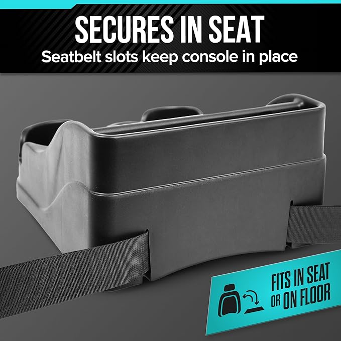 Small Center Console for Cars, Trucks, Minivans, SUVs, Vehicle Organizer, Cup Holders, Recycled Plastic, Made in USA (Black)