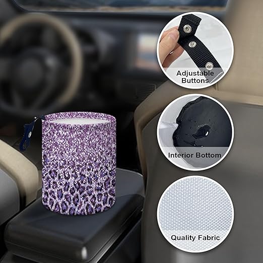Car Trash Can with Hanging for Back Seat, Car Accessories for Women Men Automotive Garbage Cans Vehicle Trash Can for Truck SUVBling Purple Leopard Print