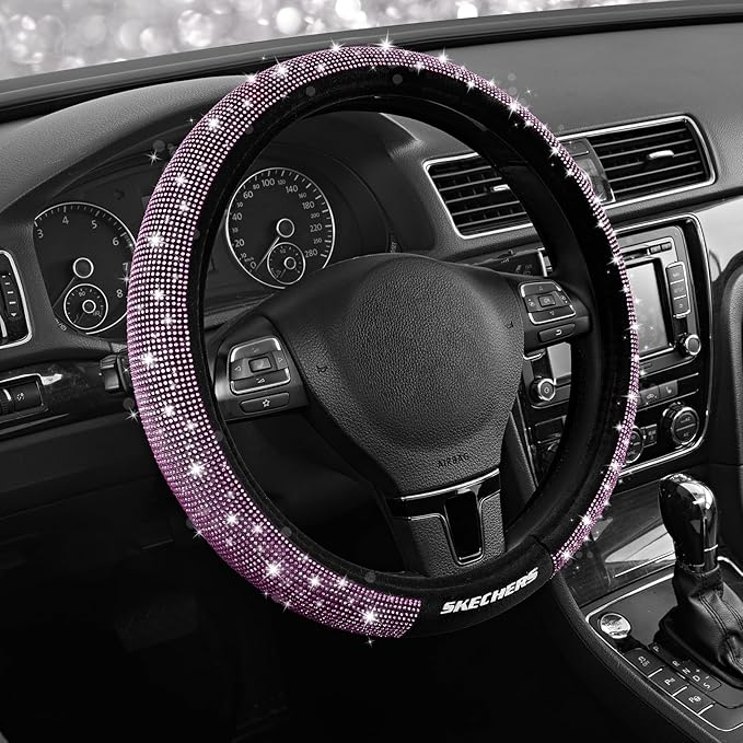 Skechers Women’s Bling Steering Wheel Cover, Velvet with Sparkly Crystal Rhinestones, Stylish Car Interior Gift, Universal Fit 14" 1/2-15" for Cars, SUVs, Trucks, Purple Diamond