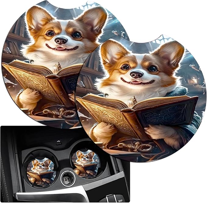 JANENFNA Car Armrest Cover Pads Universal Fashion Cute Auto Center Console Armrest Cover Pad with 2PCS Car Coasters Soft Waterproof Car Armrest Seat Protector for Women,Magical Book Puppy