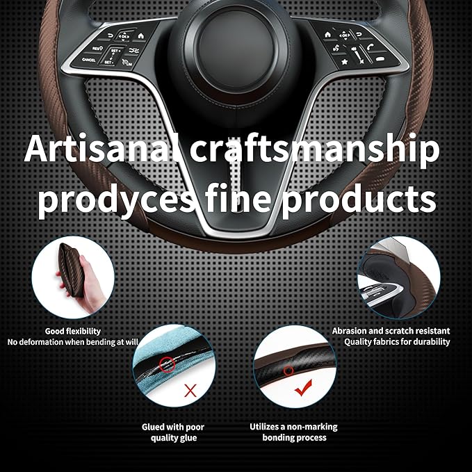 LevChall Carbon Fiber Steering Wheel Cover, 3-Piece Set Anti-Skid Comfortable Grip Segmented Butterfly Design, Easy Snap-On Installation Universal Fit 99% Cars, Brown