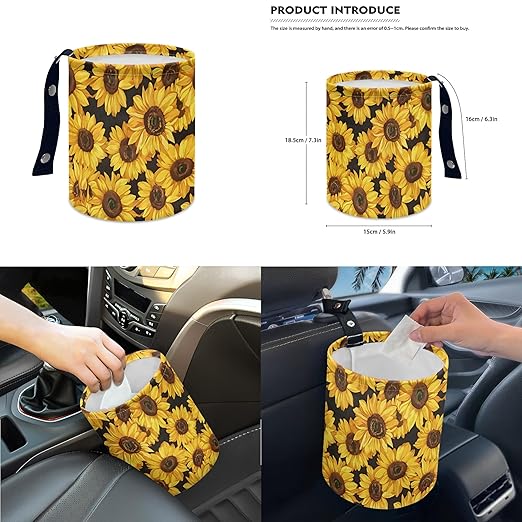 Car Trash Can with Hanging for Back Seat, Car Accessories for Women Men Automotive Garbage Cans Vehicle Trash Can for Truck SUVYellow Sunflower