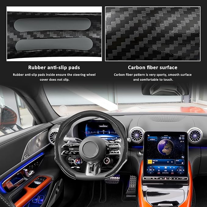 Sun Walker Carbon Fiber Car Steering Wheel Cover, 15" Anti-Slip Wear-Resistant Steering Wheel Protector Stylish Interior Decor, Ultra-Thin Comfortable Leather Wheel Cover for Women Men (Black)