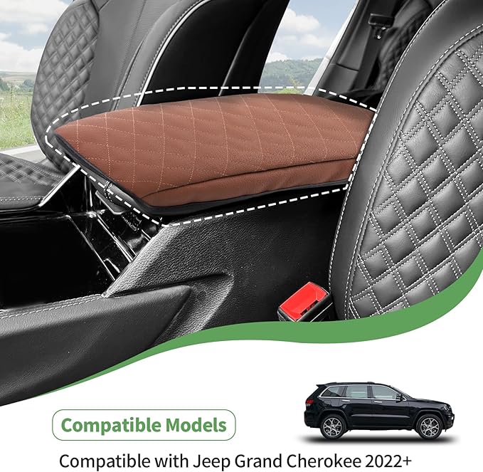 JeCar Armrest Cover PU Leather Center Console Cushion Pad Compatible with Jeep Grand Cherokee 2022 2023, Brown