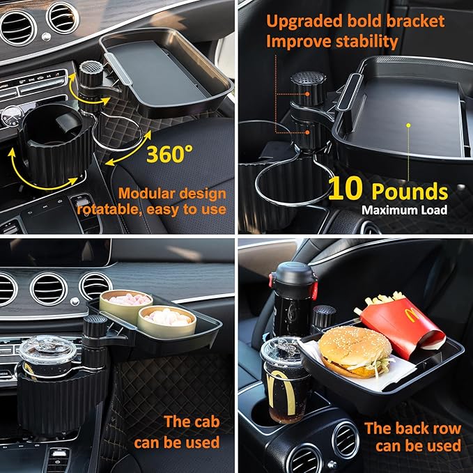 Car Large Cup Holder Expander, 4-in-1 Cupholder Extender with Swivel and Detachable Snack Food Tray Table for Eating, Travel Essentials for Road Trips for Driver. Model A