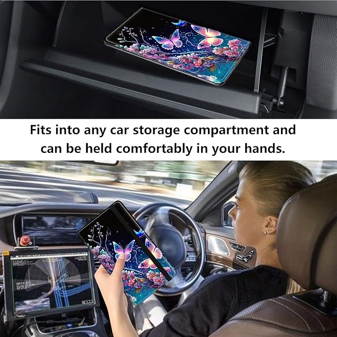 Qindaiwen Car Registration and Insurance Holder, Vehicle Card Document Elastic Band Closure Glove Box Organizer, Driver License Cards, Car Accessories for Essential Info, Colorful Butterfly