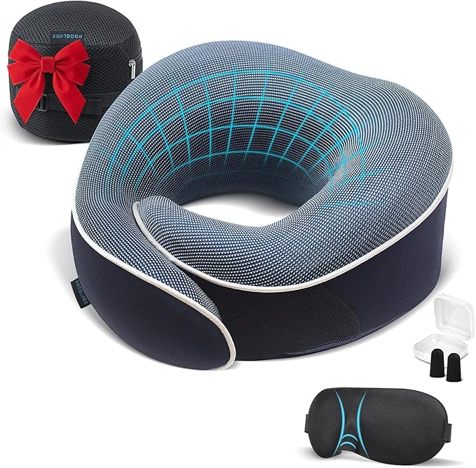 Proglobe Orthopedic Neck Pillow Travel Neck Pillows for Airplanes, Memory Foam Kit, Updated Resting Material, Airplane Travel Set with 3D Contoured Eye Masks, Earplugs, and Luxury Mesh Bag (Blue)