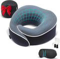 Proglobe Orthopedic Neck Pillow Travel Neck Pillows for Airplanes, Memory Foam Kit, Updated Resting Material, Airplane Travel Set with 3D Contoured Eye Masks, Earplugs, and Luxury Mesh Bag (Blue)