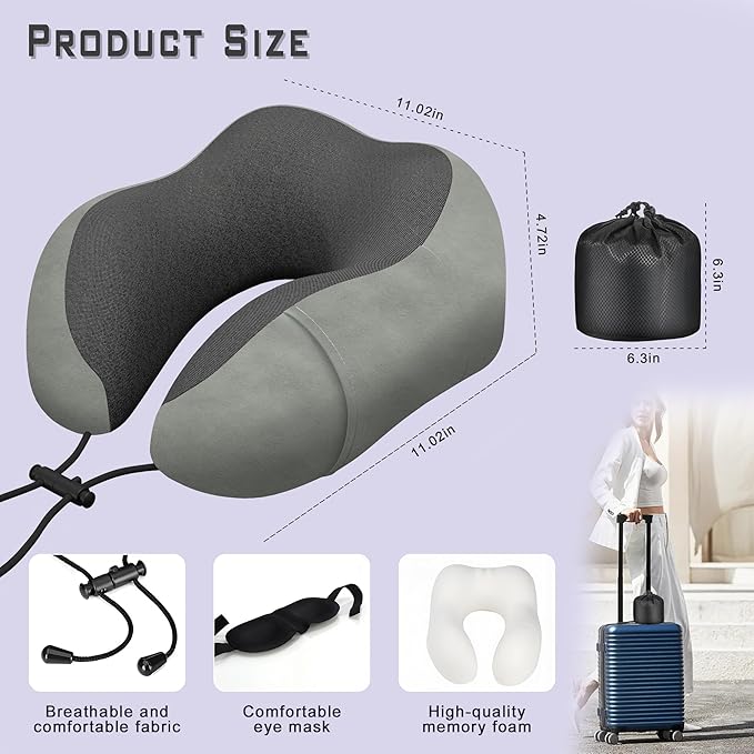 Phent zari Neck Travel Pillow, Upgraded Memory Foam Pillow for Airplane, Machine Washable, Adjustable Flight Pillow, Suitable for Sleeping Airplane, Car, Office and Home (Grey)