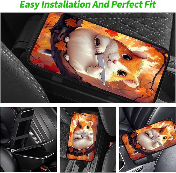 JANENFNA Car Armrest Cover Pads Universal Fashion Cute Auto Center Console Armrest Cover Pad with 2PCS Car Coasters Soft Waterproof Car Armrest Seat Protector for Women,Cate Hamster