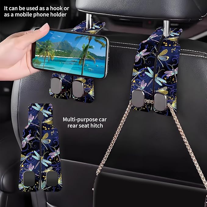 AXBSAKDI Car Seat Back Storage Headrest Hook, Premium Leather Double Metal Hook, Hanger Storage Organizer for Purse Cloth Bag, Car Interior Accessories Cute Colorful Dragonfly