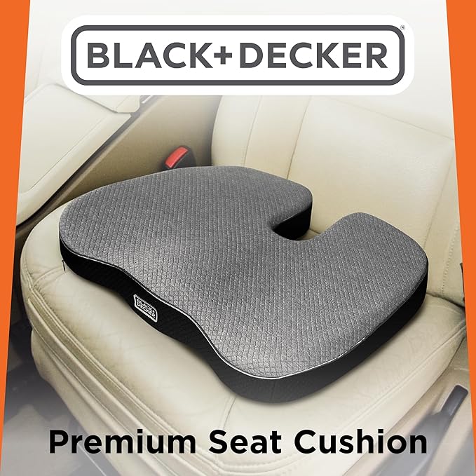 BLACK+DECKER Quilted Knit Memory Foam Seat Cushion U Seat Cushion for Office Chair, Car, Wheelchair & Airplane – Ergonomic, Pain Relief, Non-Slip Backing, Washable Cover, Grey/Black