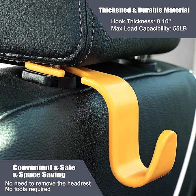 Amooca Car Seat Headrest Hook 4 Pack Hanger Universal Vehicle Car Storage Organizer for Handbag Purse Coat S Type Yellow