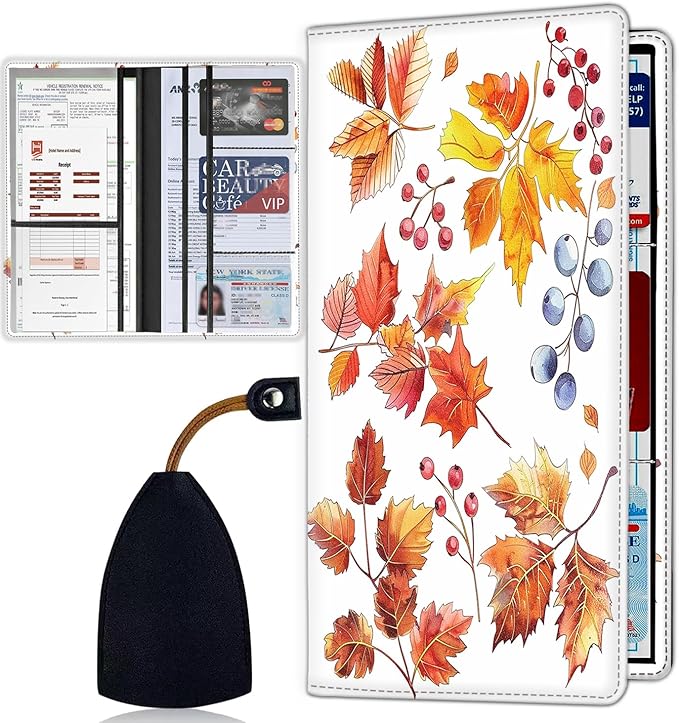 Car Registration Holder, Waterproof PU Leather Vehicle Card Document Glove Box Organizer, Women Interior Auto Accessories Case for Cards, Driver License Car Insurance Holder, Watercolor Autumn Leaves