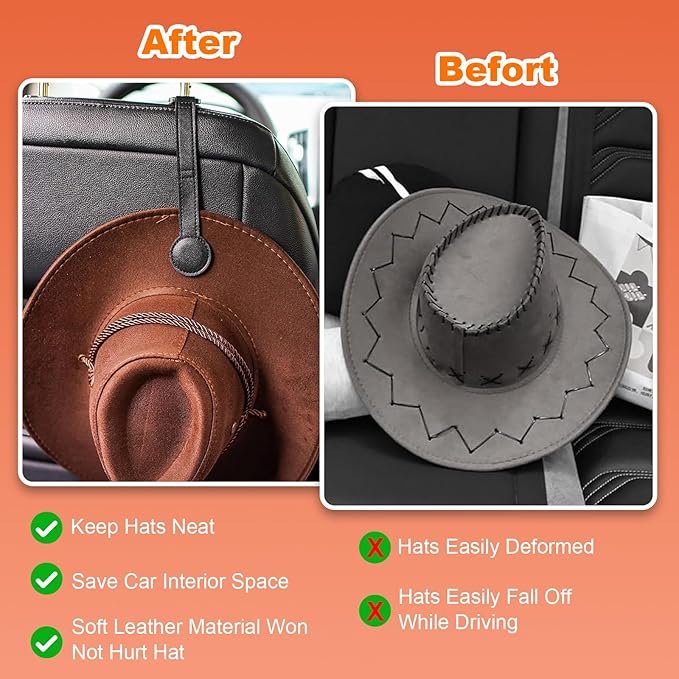 2 Pack Cowboy Hat Holder for Truck, Leather Magnetic Cap Clip, Truck Car Seat Hat Organizer Accessories for Men and Women, Suitable for Car, SUV, Pickup Seat Back Headrest Hat Clip Storage (Black)