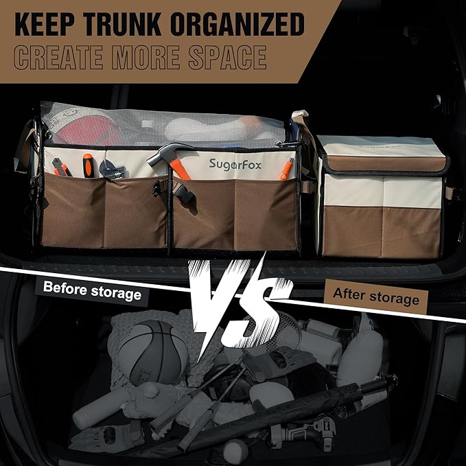 SugarFox Car Trunk Organizer for SUV - 63L+26L Modular Storage, Heavy-Duty, Foldable Waterproof, Soft & Hard Covers, Non-Slip, Multi-Compartment, Brown M006