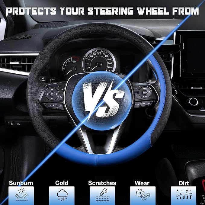 SEG Direct Steering Wheel Cover for 14.5-15 inch Wheels, Breathable PU Leather with Perforated Sides, Anti-Slip Grip, Universal Fit for Cars & SUVs, Black and Blue