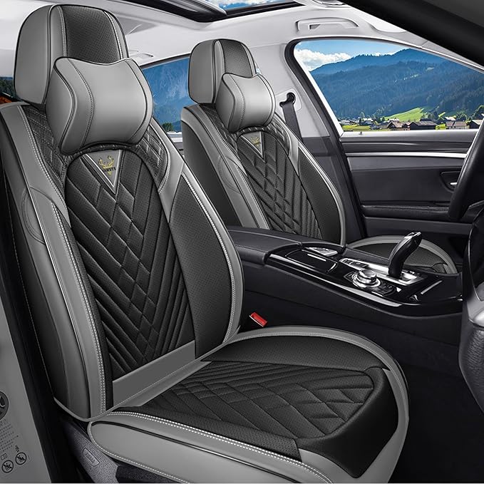 BYXN Car Seat Covers for Jeep Wrangler 2000-2026,Breathable Nappa Leather Car Seat Protector,Front Seat Cover with Pillow Automotive Seat Cushion with Airbag Compatible(Front Seats,Gray-Black)