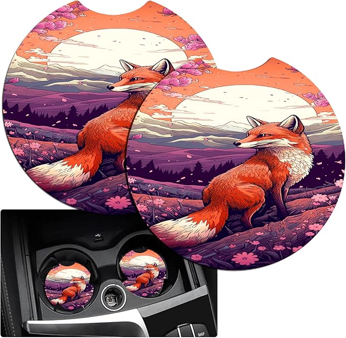 JANENFNA Car Armrest Cover Pads Universal Fashion Cute Auto Center Console Armrest Cover Pad with 2PCS Car Coasters Soft Waterproof Car Armrest Seat Protector for Women,Japanese Fox
