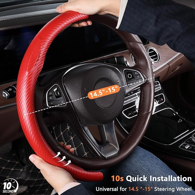Aimato Carbon Fiber Steering Wheel Cover 2 Piece Non-Slip Clip on Steering Wheel Cover,Ultra-Thin Breathable,Universal Fit 14.5"-15" Wheel,Matte Red