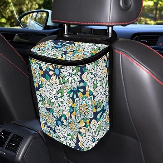 Mandala Floral Car Trash Can Easy to Install Car Trash Bag Hanging Lightweight Car Garbage Cans Interior Accessories for Most Cars SUV Truck Sedan
