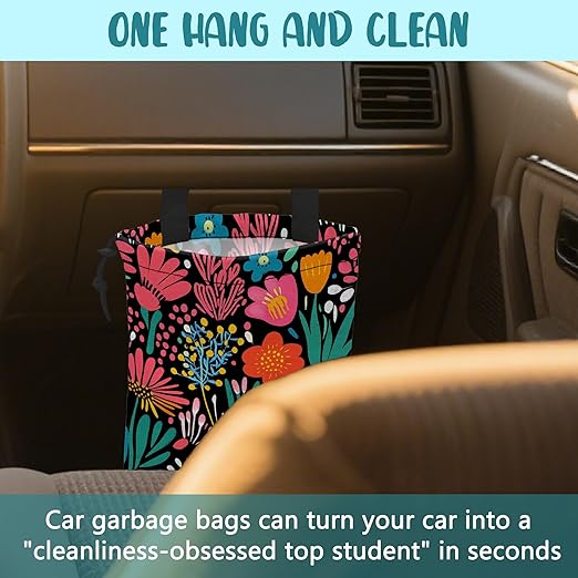 KXWQTRDD Car Garbage Bag Modern Flower and Green Leaves Hanging Canvas Car Trash Bag Drawstring Car Back Seat Organizer for Car Back Front Seat Console with Adjustable Buckle