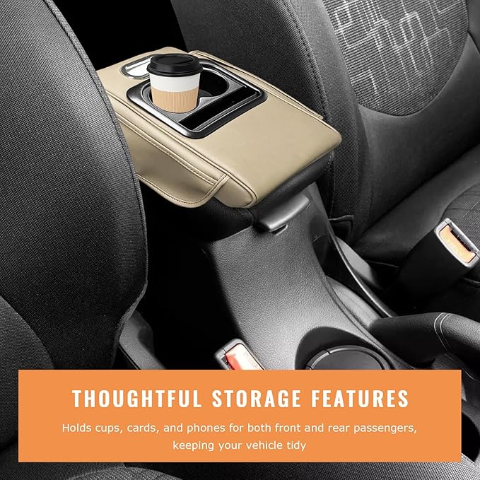 Car Center Console Armrest Pillow, 5-in-1 Armrest Cushion w/ 2 Side Bags, Tissue Box Slot, Cup & Phone Holder, Multifunctional Leather Auto Arm Rest Cover Storage Organizer (Beige, Normal)