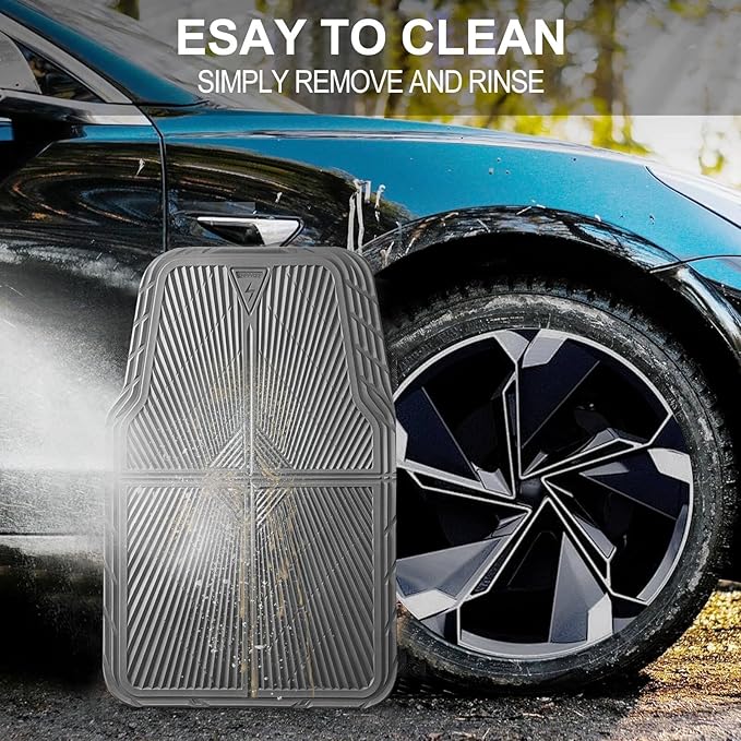 CAR PASS Gray Rubber Car Mats, All Weather Floor Mats Full Set, Waterproof Trim-to Fit Anti-Slip Easy Clean Heavy Duty Automotive Pad for Cars Trucks SUV Sedan Van, 3 Pcs All Grey Rubber