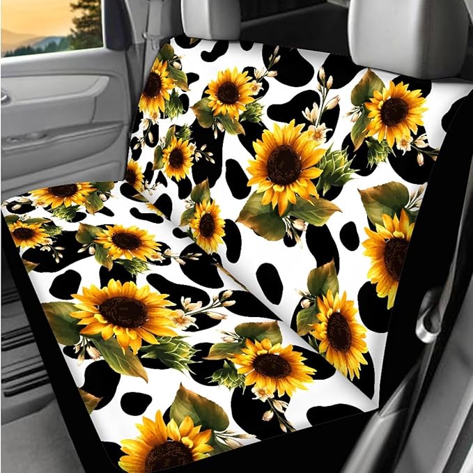 Dngkaoje Sunflower Cow Print Car Seat Cover Full Set for Front and Back,13 Pcs Sunflower Automotive Accessories Set Cute Cow Print Armrest Cover Protector, Seat Belt Pads,Handbrake Shift Covers