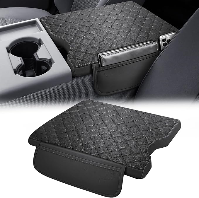 Center Console Cover Compatible with 2015-2025 Ford F150,2017-2025 F250 F350 F450 with 40/20/40 Jump Seat Armrest Accessories, Leather Armrest Cover with 2 Side Pockets Black (Only Jump Seat)